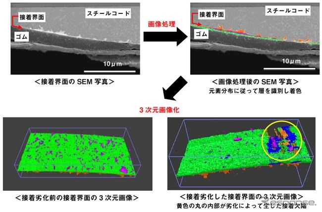 横浜ゴムのゴムとスチールコードの接着劣化を3次元で解析する技術（イメージ）