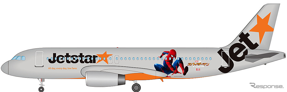 スパイダージェット　MARVEL and all related character names: (C) & TM 2017 MARVEL. Spider-Man: Homecoming, the Movie (C) 2017 Columbia Pictures Industries, Inc. All Rights Reserved. (C) 2017 Jetstar Airways Pty Ltd.