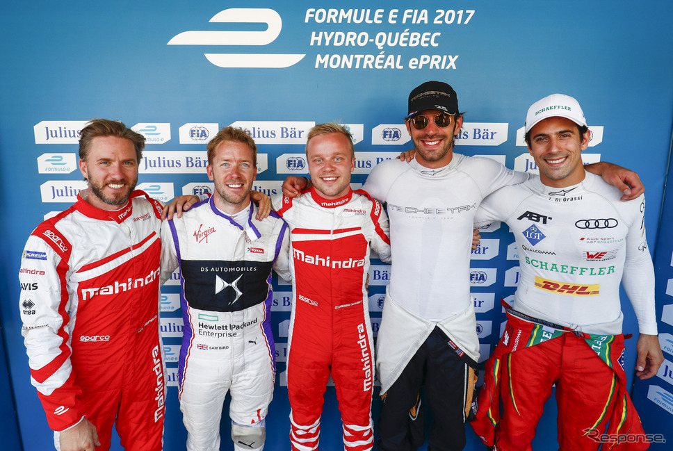 フォーミュラEの参戦ドライバー層はハイレベル。F1やWEC、SFの経験者も多い。左からハイドフェルド、バード、ローゼンクヴィスト、ベルニュ、ディ・グラッシ（写真は2016/2017シーズン）。《写真提供 Formula E》