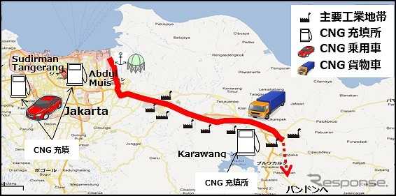 実インドネシアで圧縮天然ガス車の普及に向け実証事業概要図《画像 Google MapsよりNEDO作成》