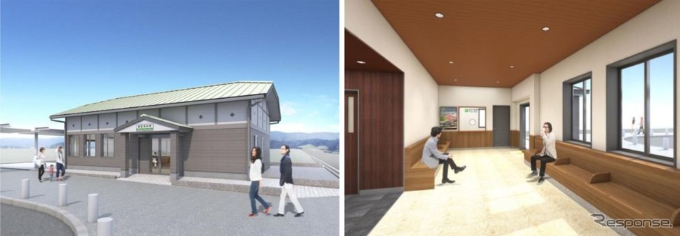 リニューアルされるBRT陸前高田駅の外観（左）と内装（右）。《出典 東日本旅客鉄道盛岡支社》