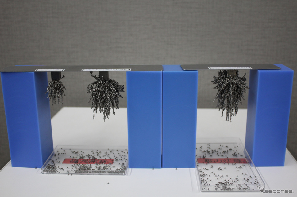 左が一般的なフェライト磁石、中央が従来のネオジム磁石。右が新開発の省ネオジム耐熱磁石。レアメタルを含んだ従来のネオジムと同等の磁力を見せた。