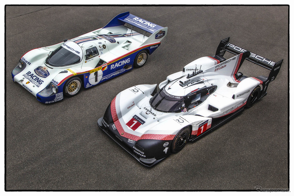 919ハイブリッドEvo（右）と、前レコード車の2ショット（この写真は今年5月公開のもの。左はポルシェのリリースによれば「956C」とされる）。《写真提供 Porsche》