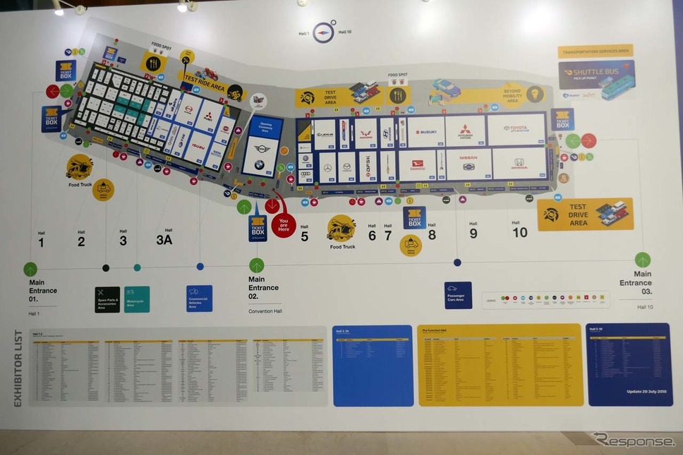 会場図。右側に日本の乗用車勢が並び、中央にBMWグループ、左側にトラックなどの商用車が並ぶ《撮影 会田肇》