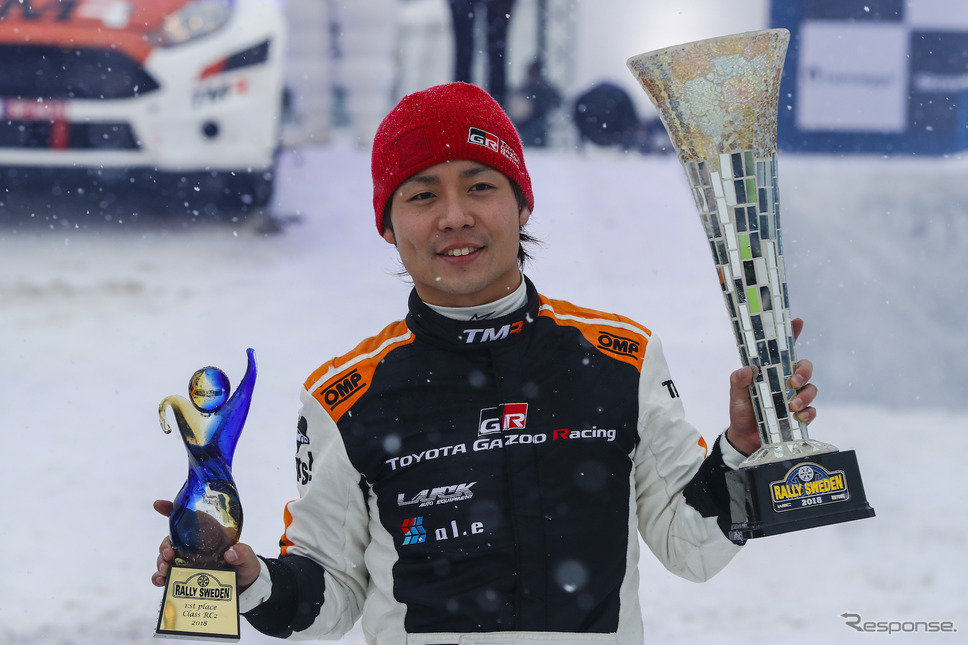 今年のWRCスウェーデン戦、「WRC2」で初優勝した時の勝田。《写真提供 TOYOTA》