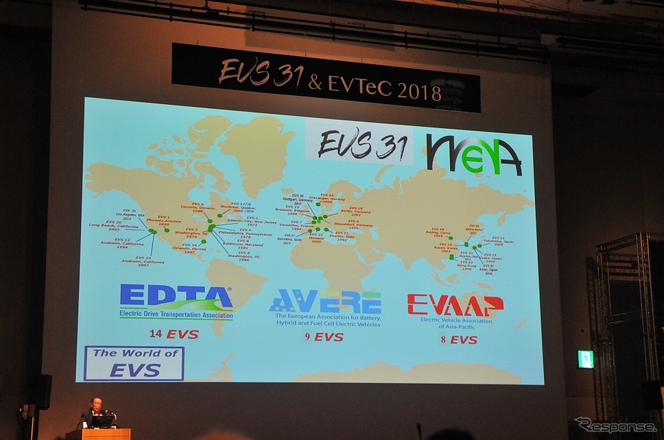 世界各地域における電動車両分野の組織として北米のEDTA（Electric Drive Transportation Association）、欧州のAVERE（The European Association for Electromobility）、アジアのEVAAP（Electric Vehicle Association of Asia Pacific）を紹介するチャン教授。