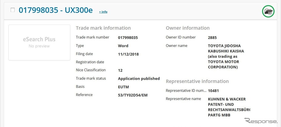 トヨタ自動車が欧州で「UX 300e」の名前を商標登録したことを公表しているEUIPO（欧州連合の知的財産庁）の公式サイト