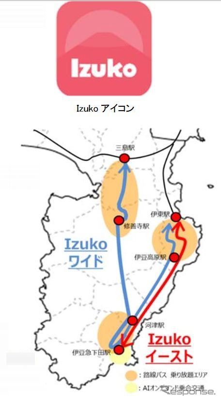 「Izuko」のアイコン（上）と展開エリア。《出典 東京急行電鉄・東日本旅客鉄道・ジェイアール東日本企画》