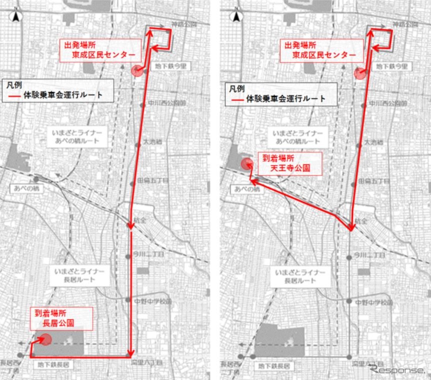 体験乗車会のルート。東成区民センター起点で、左が長居公園、右が天王寺公園までのルート。いずれもノンストップで、東成区民センターの発時刻は、長居公園行きが3月29日13時・15時、3月30日10時30分・12時30分、天王寺公園行きが3月29日13時・14時30分・16時、3月30日10時30分・12時・13時30分。往復乗車も可能。《出典 大阪市高速電気軌道》