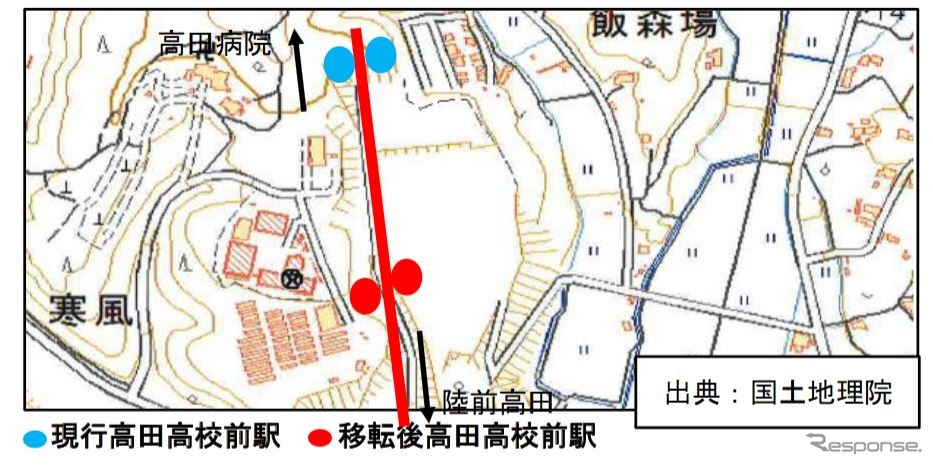 高台への市道が完成したことにより、移転する高田高校前駅の位置。《出典 東日本旅客鉄道仙台支社・盛岡支社》