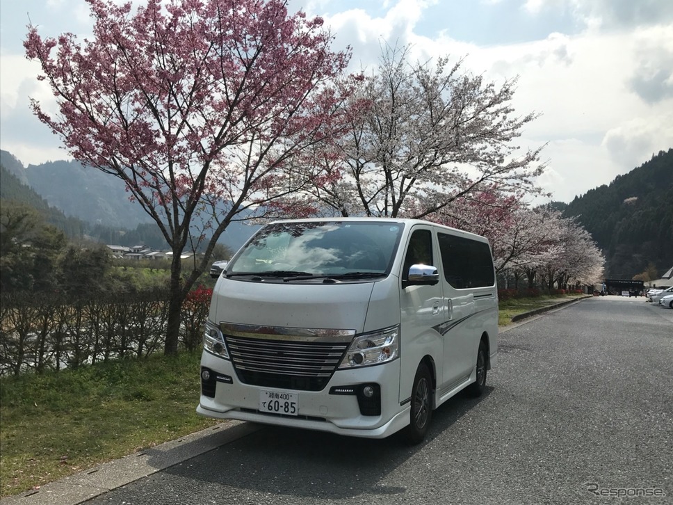 国道212号線沿い、道の駅水辺の郷おおやまの桜は、まさにこれから見ごろといった風情だ。《撮影 中込健太郎》
