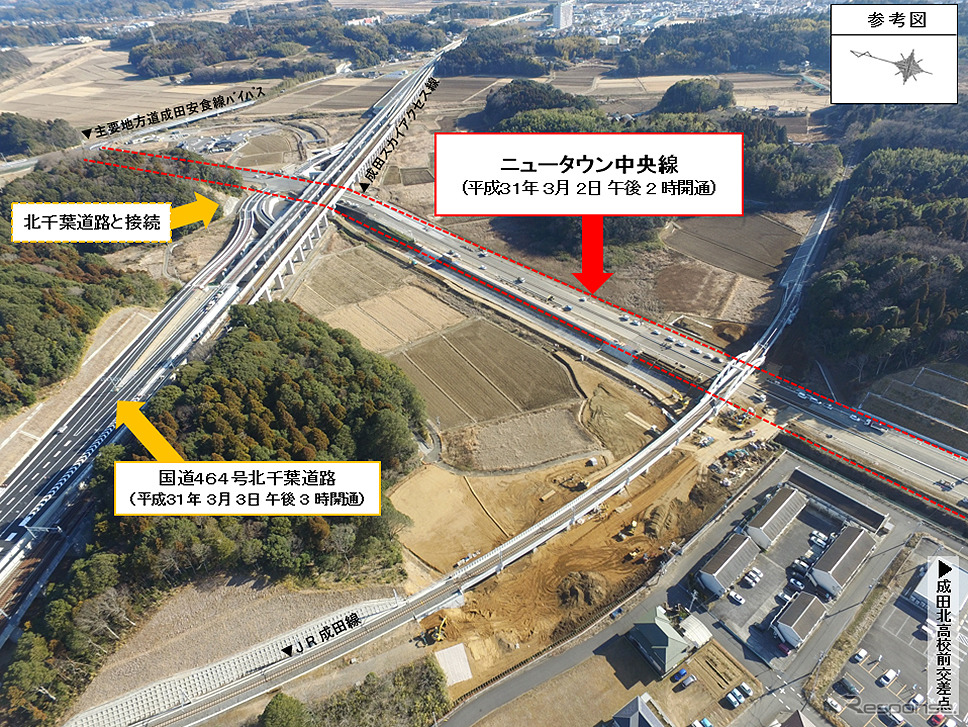 JR成田線大鷲架道橋とニュータウン中央線中央通り(画像:成田市)