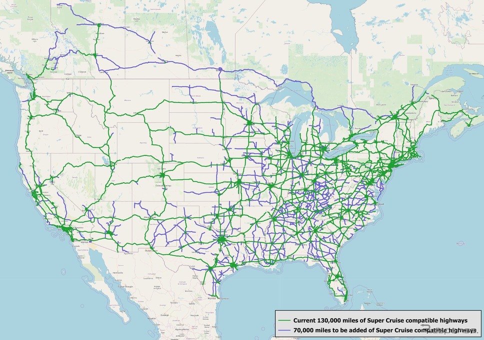 ハンズフリーの部分自動運転が可能なキャデラックのスーパークルーズの米国とカナダの対応高速道路マップ《photo by Cadillac》
