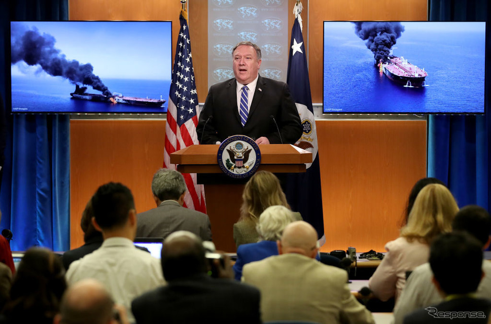 タンカー攻撃について説明する米国務長官のマイク・ポンペオ。《photo by Getty Images》