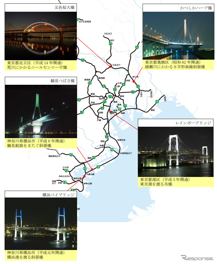 ライトダウンを実施する5つの橋《画像 首都高速道路》