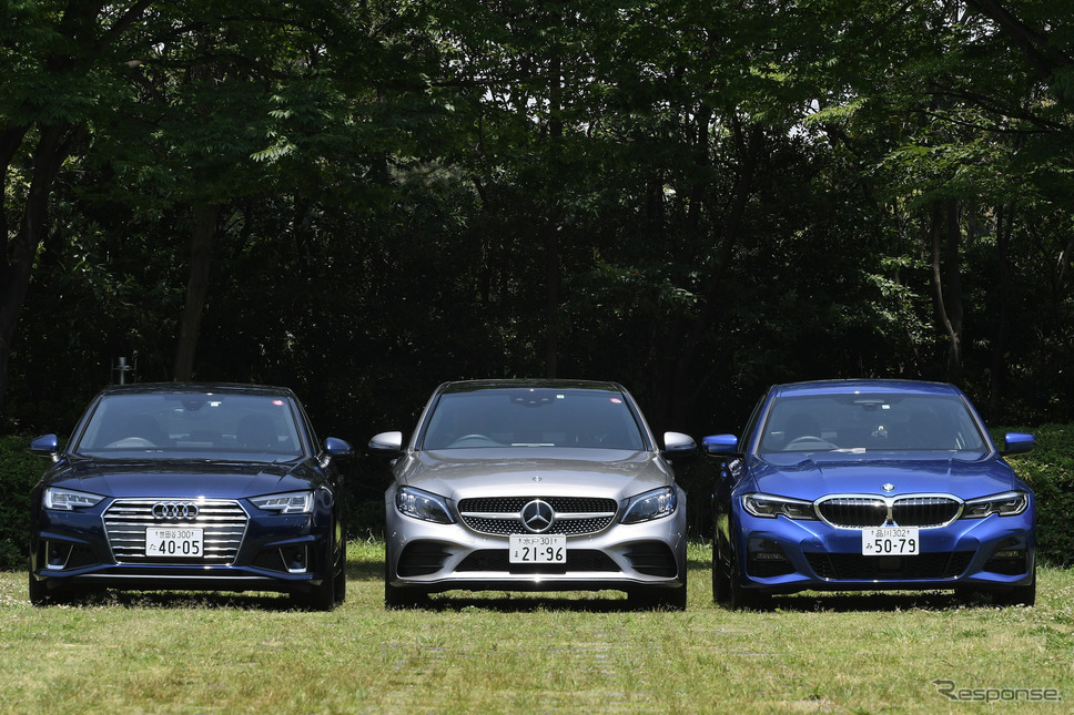 BMW 330i M Sport、Mercedes-Benz C 200 AVANTGARDE、Audi A4 45 TFSI quattro sport（右から）《撮影 和田清志》