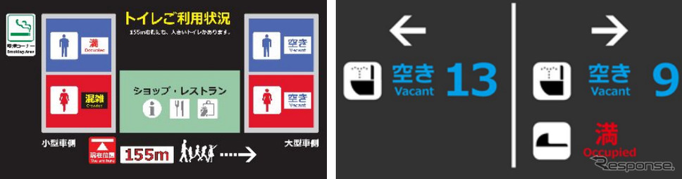 トイレ入り口部の表示板(左)と女子トイレホール部の表示板《画像:NEXCO東日本》