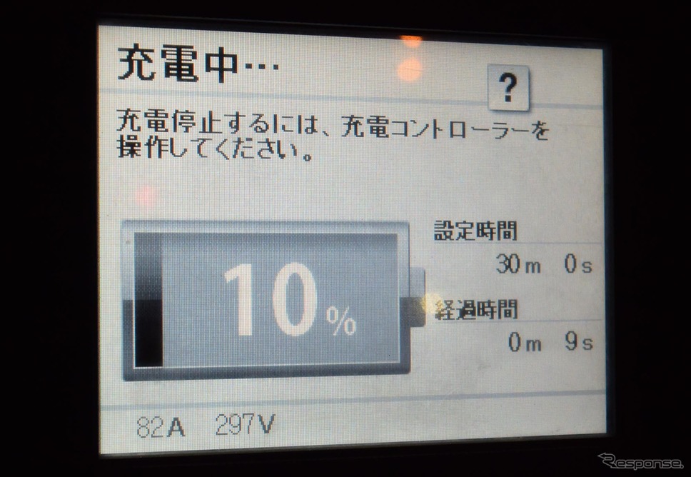 出力44kWの充電器でのベストスコア。スタート時の充電率は低い時で7%、高いときで12%だった。このときは10%で、充電器出力は24.4kW。《撮影 井元康一郎》