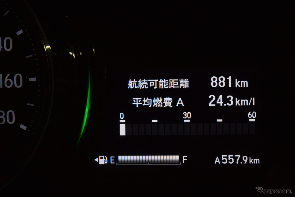 総走行距離557.9km。燃費計はホンダ車の中でもそこそこ正確なほうだった。《撮影 井元康一郎》