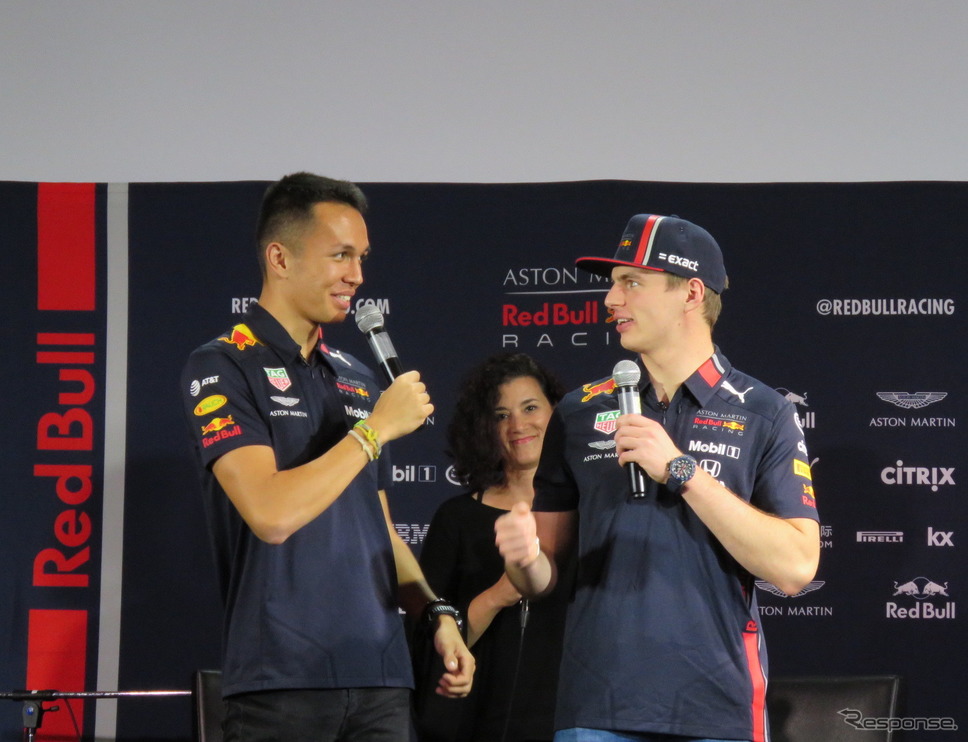 鈴鹿への意気込みを語った、Aston Martin Red Bull Racingのアルボン(左)とフェルスタッペン(右)。《撮影 遠藤俊幸》