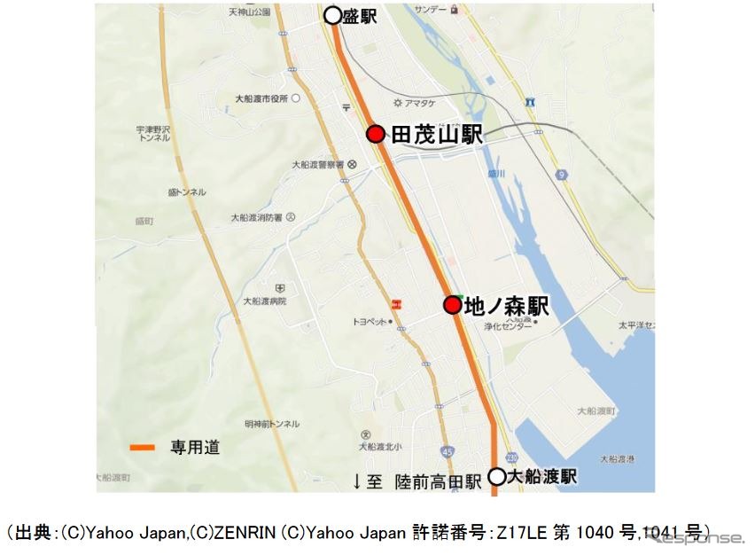 大船渡線BRT地ノ森駅と田茂山駅の位置。地ノ森駅の所在地は上り線が岩手県大船渡市大船渡町字新田17-5他、下り線が岩手県大船渡市大船渡町字地ノ森4-5他。田茂山駅の所在地は上り線が岩手県大船渡市盛町字内ノ目61-5他、下り線が岩手県大船渡市盛町字内ノ目44-2他。どちらも専用道上に位置する。《出典 JR東日本盛岡支社》