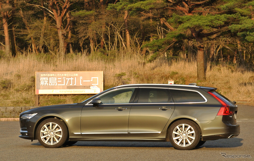 ボルボ V90 D4 インスクリプションのサイドビュー。パイングレーと名づけられたボディカラーと松林が実に調和して見えた。《撮影 井元康一郎》