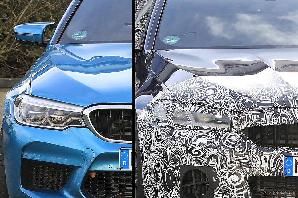 BMW M5セダン 従来型(左)と改良新型プロトタイプ(右)のフロントマスク。《APOLLO NEWS SERVICE》