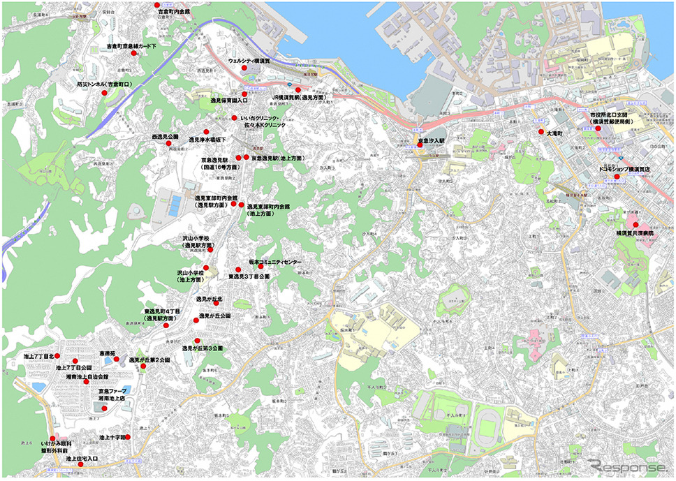 「AI運行バス」運行エリア図および乗降ポイント（35か所）《画像：NTTドコモ》