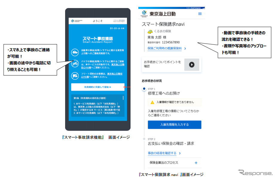 スマート事故連絡（左）とスマート保険請求navi《画像：東京海上日動火災保険》