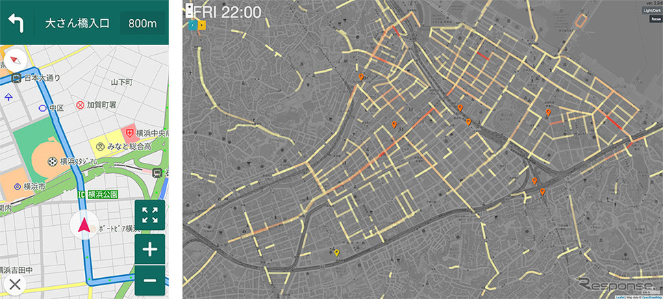 お客様探索ナビ画面（左）と道路レベルでの需要予測結果の一例《画像：DeNA》