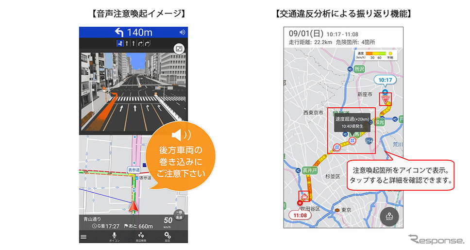 音声注意喚起イメージ（左）と交通違反分析による振り返り機能《画像：ナビタイムジャパン》