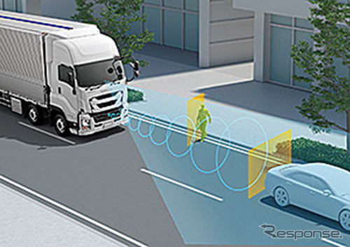 歩行者検知機能付プリクラッシュブレーキ《画像：いすゞ自動車》