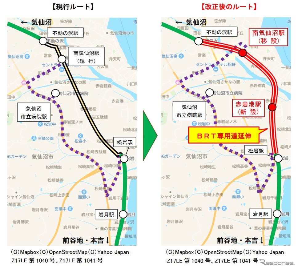 気仙沼線BRT松岩〜不動の沢間の現行ルートと改正後のルート。《出典 東日本旅客鉄道盛岡支社・仙台支社》