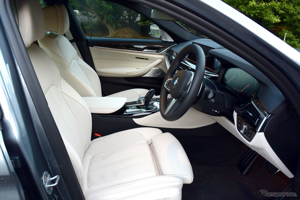 BMW 523d M Sportのフロントシートまわり。座面長含め、豊富な調整機能を有する。《撮影 井元康一郎》