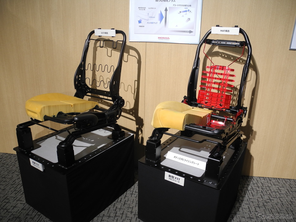 骨盤から腰椎までを支えるボディスタビライジングシート(右)と従来のシート《撮影 山田清志》