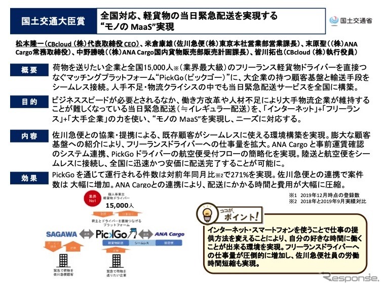 国土交通大臣賞を受賞した「全国対応、軽貨物の当日緊急配送を実現するモノの MaaS実現」の概要《資料 国交省》