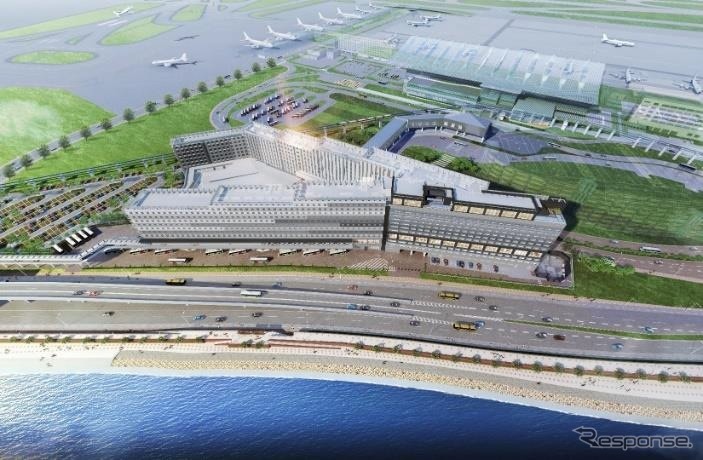 羽田エアポートガーデン完成予想図 ※状況がわかりやすいよう、建物北側の立体駐車場を透過して描いた。《画像 住友不動産》