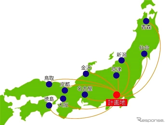 羽田エアポートガーデン発、高速バスの行き先例。認可申請中。《画像 住友不動産》