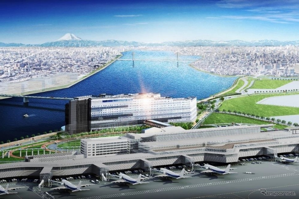 羽田エアポートガーデン完成予想図 ※状況がわかりやすいよう、建物北側の立体駐車場を透過して描いた。《画像 住友不動産》