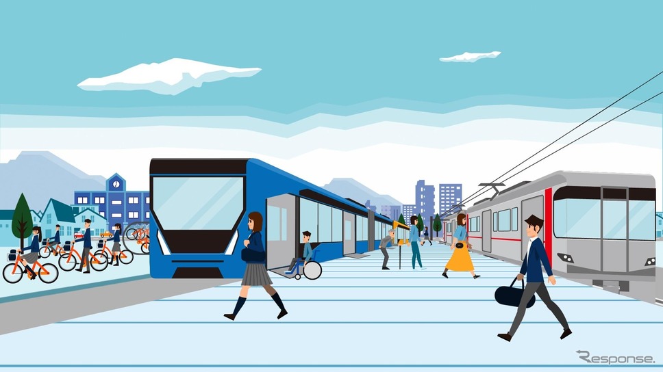 隊列走行する自動運転BRTが走る将来イメージ。シンプルでシームレスな交通サービス。《出典 西日本旅客鉄道》