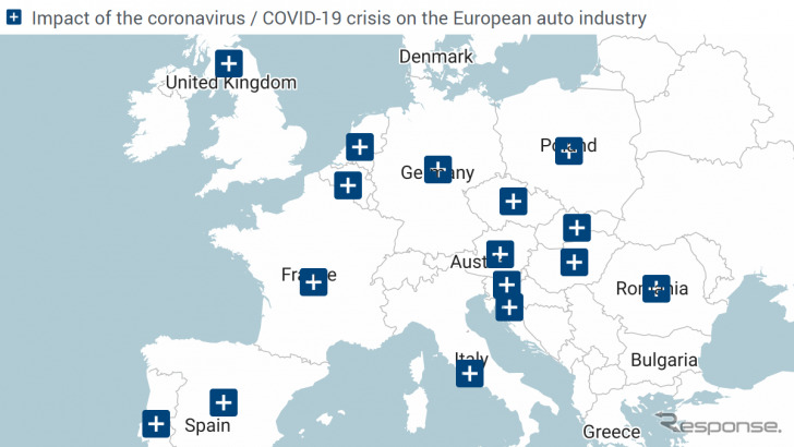 ACEAが公表している新型コロナウイルスが欧州自動車生産に与えている影響を示す図《photo by ACEA》