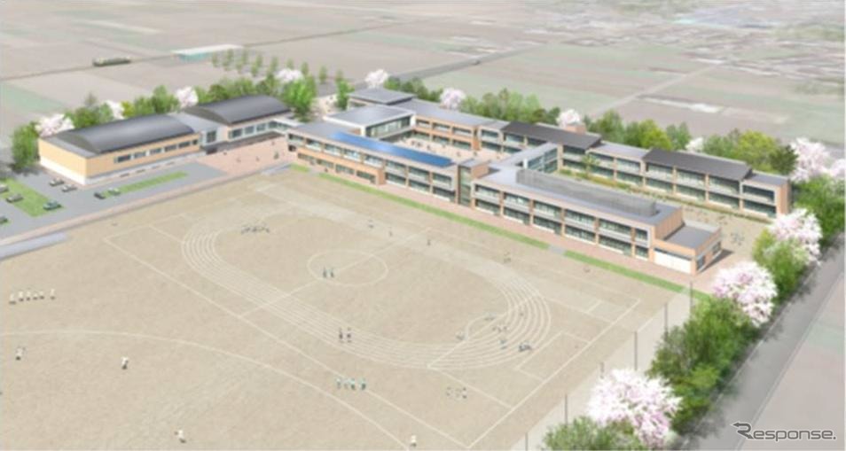 美乃浜学園のイメージ。左手に湊線の列車が描かれている。《出典 ひたちなか市》