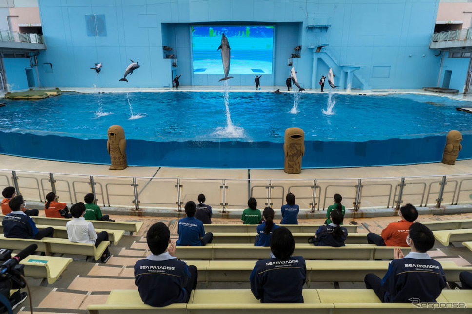 再海保準備する八景島シーパラダイス。従業員が観客役になって練習している（5月29日、横浜市）。《Photo by Tomohiro Ohsumi/Getty Images》