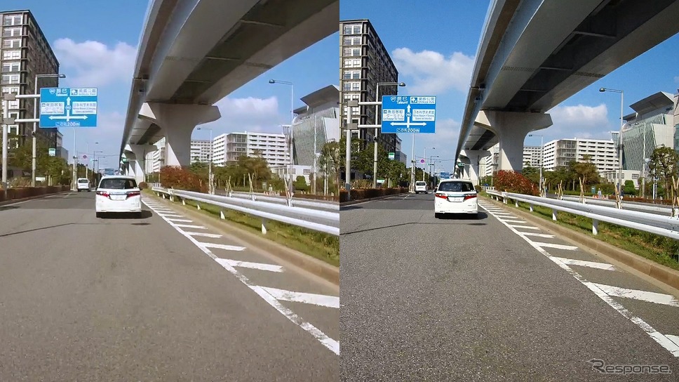 左:一般的なドライブレコーダーの映像/右:DVR3400の映像《写真提供 データシステム》