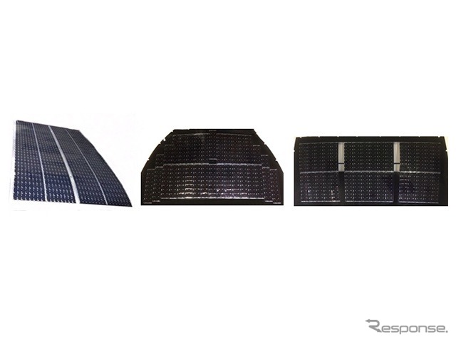 複数の太陽電池セルにより構成された太陽電池パネル（左からルーフ、フード、バックドア）《写真提供 NEDO》