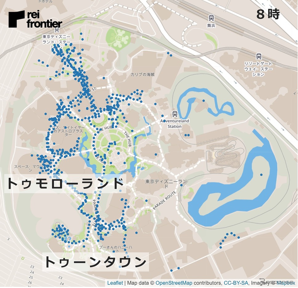 ディズニーランドの1時間ごとの人流（8時）《図版提供 レイ・フロンティア》