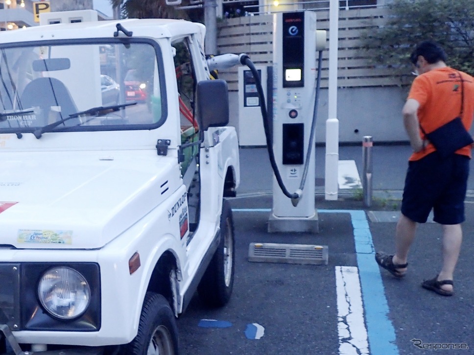 2020年7月12日18時58分、クロカン四駆の電気自動車が、日本で初めてCHAdeMO急速充電器からの充電に成功した瞬間。《写真提供 ZEVEX》