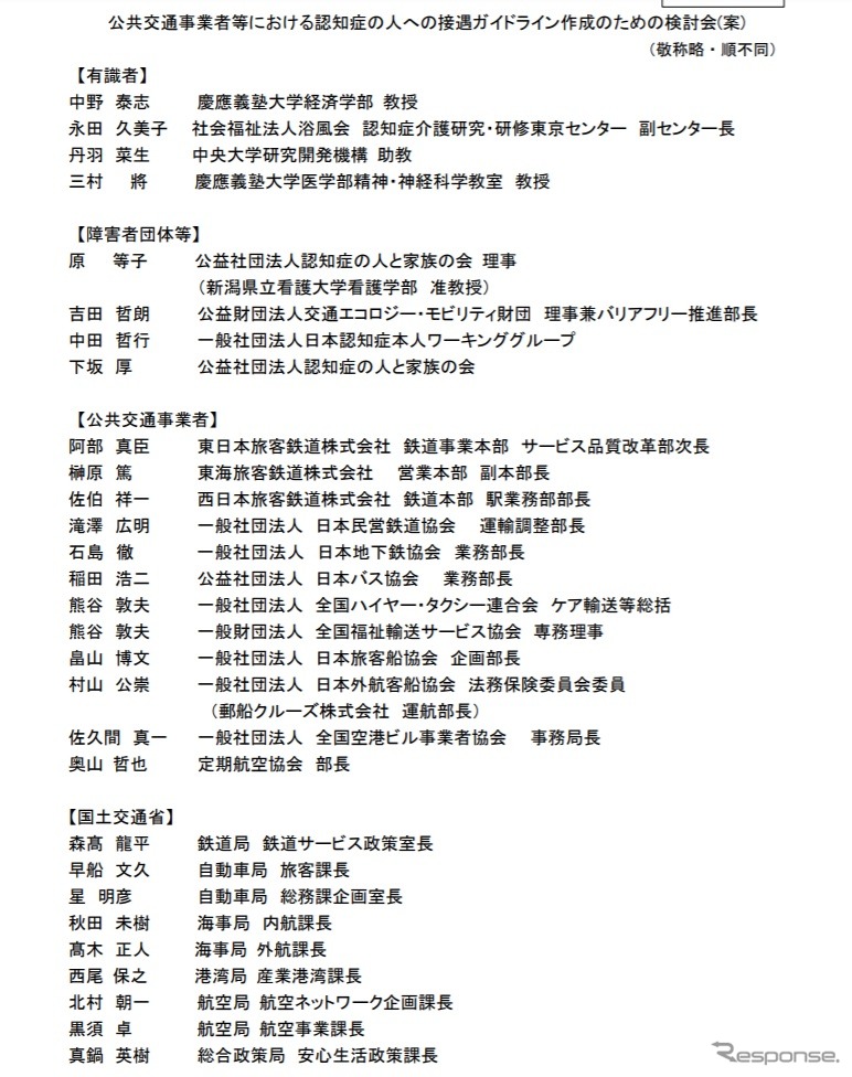 公共交通事業者等における認知症の人への接遇ガイドライン作成のための検討会の構成員《資料提供 国土交通省》