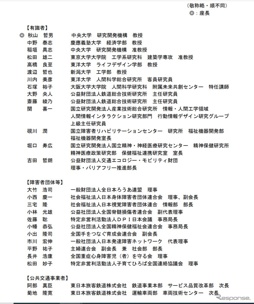 公共交通機関のバリアフリー基準等に関する検討会のメンバー《資料提供 国土交通省》