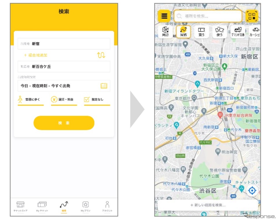 従来の EMot 画面(左)とアップデートしたEMot2.0 の画面《画像提供 小田急電鉄、地図データ提供 2020 google》